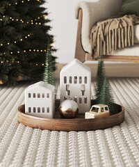 Cozy festive still life with miniature houses and christmas tree. Modern neutral interior with soft lighting and elegant holiday atmosphere