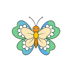 Cute cartoon butterfly with pastel colored wings and black outlines on white