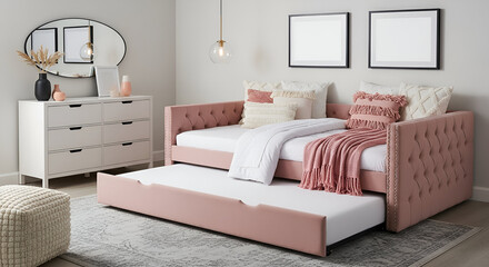 Pink Upholstered Daybed with Pull- Out Trundle and Decorative Pillows