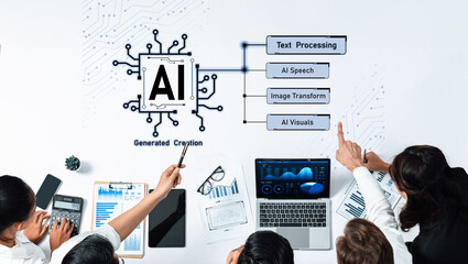 A group of professionals collaborates on an AI-generated project, showcasing various aspects of text processing, image transformation, and visual analytics in a modern office environment. Trope