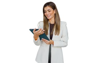 Young businesswoman using tablet, smiling, holding digital device, managing business, transparent background