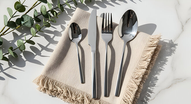 Polished Silverware Set on a Textured Napkin cutlery