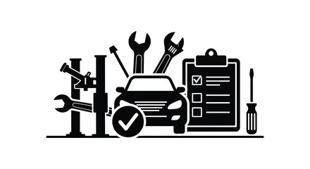 Automotive service and repair concept with car tools checklist and lift in a distinctive silhouette style