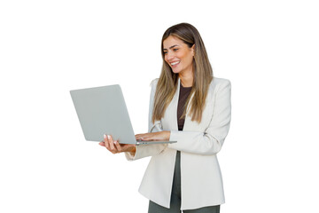 Professional woman standing, smiling and typing on a laptop, working remotely, transparent background