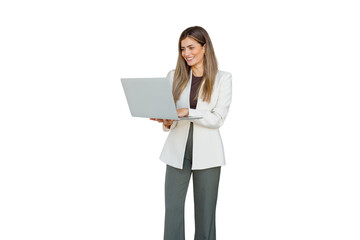 Fototapeta premium Businesswoman standing, smiling and working on laptop, presenting business solutions, transparent background