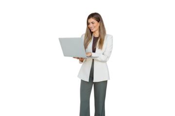 Businesswoman standing, smiling and working on laptop, presenting business solutions, transparent background