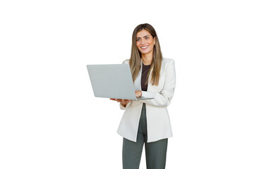 Businesswoman standing, smiling, and using laptop, working with technology, isolated on transparent background