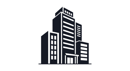 Fototapeta premium Modern tall office building complex with multiple towers and entrance in a stark black and white silhouette