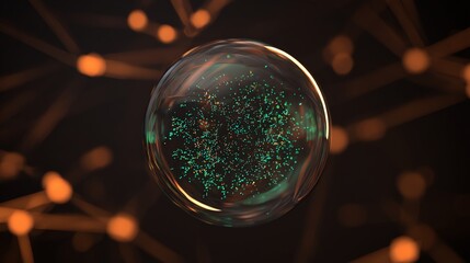 Floating Sphere Containing Green Particles with Connected Orange Nodes Network