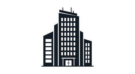 Modern tall office building with many windows depicted in a stark black silhouette against a white background silhouette