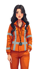 A young woman in an orange safety suit isolated on transparent background