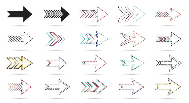 Dynamic arrow collection showcases modern design, direction, and progress with vibrant dashed lines and bold fills
