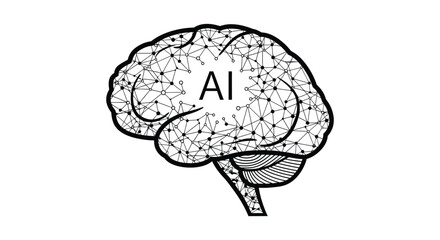 Abstract illustration of a human brain silhouette with ai text and interconnected neural network patterns silhouette