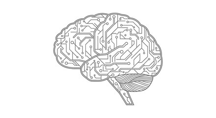 Stylized silhouette of a human brain formed by intricate electronic circuit board pathways and components silhouette
