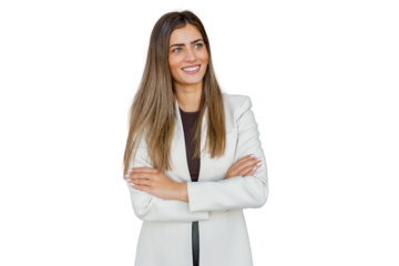 Confident businesswoman smiling with arms crossed, looking away, feeling positive about leadership and success on transparent background
