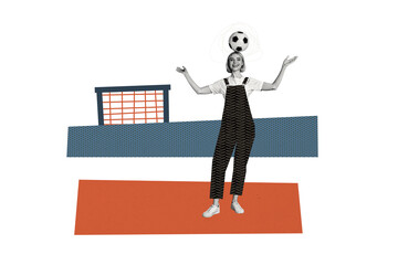 Composite photo collage of happy sportswoman hold football ball head play soccer game goalkeeper gate bet isolated on painted background