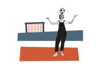 Composite photo collage of happy sportswoman hold football ball head play soccer game goalkeeper gate bet isolated on painted background