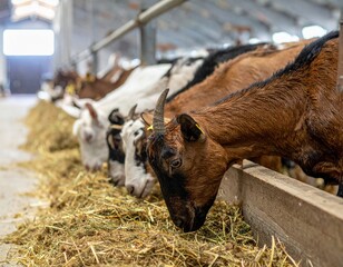 Herd of goats feeding on dry grass in a barn, livestock management and rural farming lifestyle.