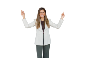 Businesswoman smiling, pointing fingers upwards, presenting concept, showing product promotion with blank space