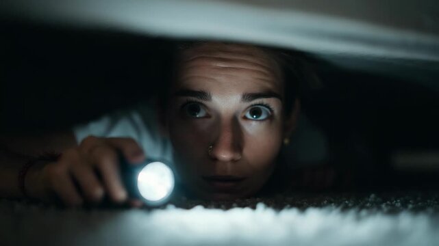 Frightened Young Woman Peeking Out from Underneath While Holding a Flashlight in the Dark
