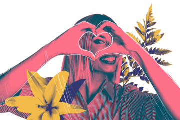 Composite trend artwork sketch image photo collage of valentine day holiday date love young woman portrait hand gesture heart shape