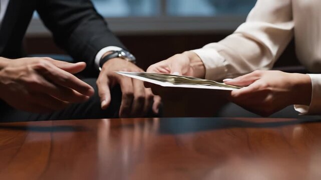 Man passing an envelope with money to a woman, illustrating bribery, corruption, and financial deceit in a professional setting, footage.