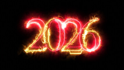 Neon fire effect light letter Happy New Year 2026 festive digital greeting text celebration and holiday themed design