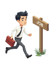 Cartoon man running towards a job sign isolated on transparent background