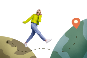 Creative image collage young cheerful woman walk step world map destination marker gps location tourist travel agency drawing background