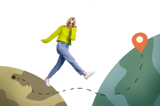 Creative image collage young cheerful woman walk step world map destination marker gps location tourist travel agency drawing background