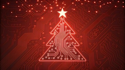 Digital Red Circuit Christmas Tree Representing Technology, Innovation, and Festive Design Concept