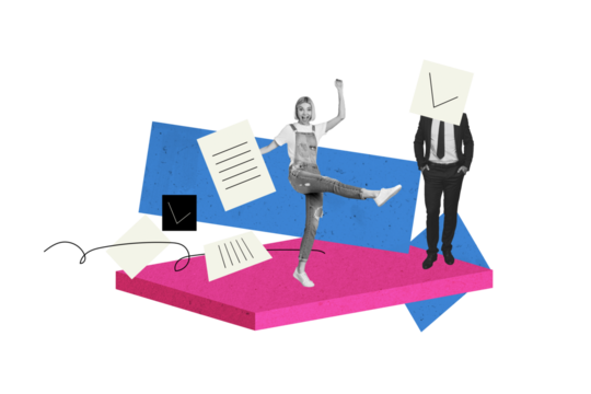 Contemporary poster trend art collage of two business colleagues girl headless guy checkmark symbol approval documentation confirm