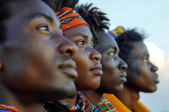 Four himba people wearing traditional himba clothes and colorful beaded jewelry looking towards the light