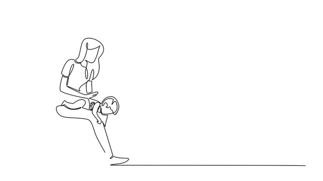 Self drawing animation of single continuous line drawing a mother sitting on a chair puts her baby on her lap and pats her back. Choking on food. National Heimlich Maneuver Day. Full length animated