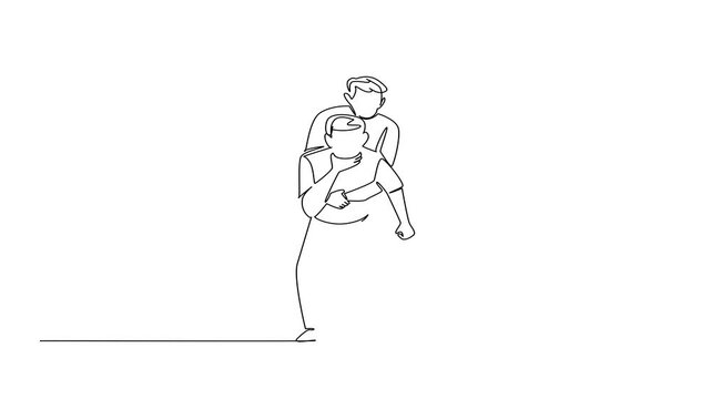 Animation of single one line drawing front view, a man performs the Heimlich maneuver on another man holding his neck. Appropriate action National Heimlich Maneuver Day. Full length motion