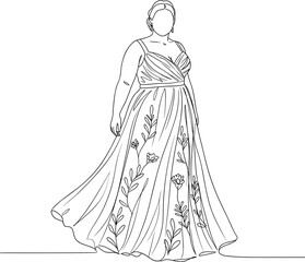 Plus-sized woman in elegant gown with floral details in line vector style, transparent background  