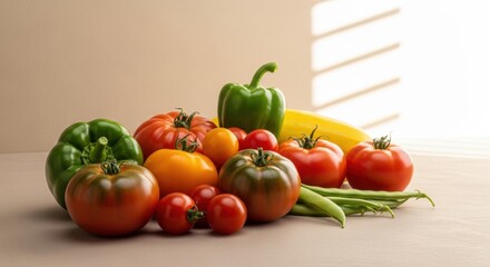 Still life of various tomatoes bell peppers and green beans against a neutral colored background