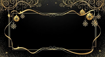 Stylish Christmas Holiday Background in Black and Gold with Stars, Baubles, and Glitter Particles