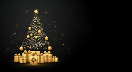 Stylish Christmas Holiday Background in Black and Gold with Stars, Baubles, and Glitter Particles