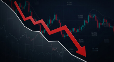 Stunning 3D red arrow plunges downward over dynamic financial stock market data charts signifying recession and economic downturn