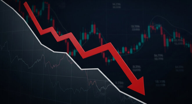 Stunning 3D red arrow plunges downward over dynamic financial stock market data charts signifying recession and economic downturn