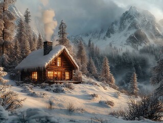 Cozy Winter Cabin in Snowy Forest Landscape