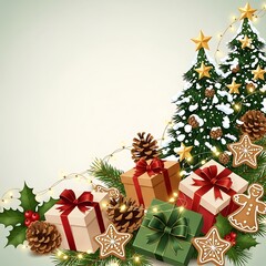 Festive Christmas Tree with Golden and Red Decorations Surrounded by Gift Boxes and Pine Cones