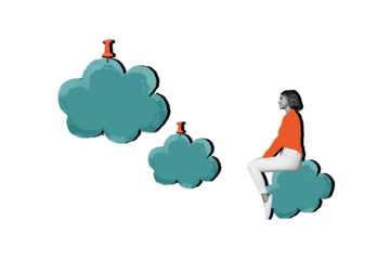 Composite photo collage of happy girl sit memo notes business paper sticker cloud poster reminder isolated on painted background