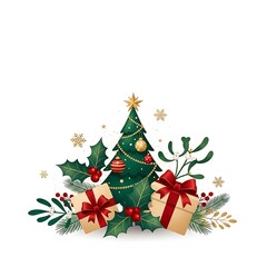 Beautiful Christmas Tree with Gift Boxes, Ornaments, and Golden Lights on Beige Background