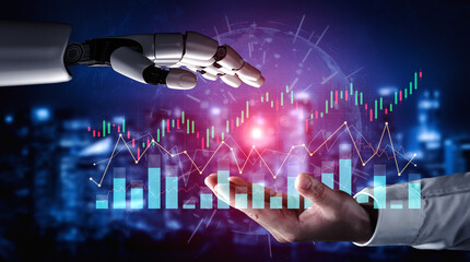A futuristic scene depicting a robotic hand reaching toward a human hand, symbolizing the synergy between technology and finance through dynamic data visualization elements. Scalp