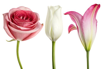 Pink rose white tulip and pink lily flowers isolated on transparent background