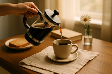 Pouring coffee from French press into cup on wooden table with soft morning light. Cozy breakfast concept.