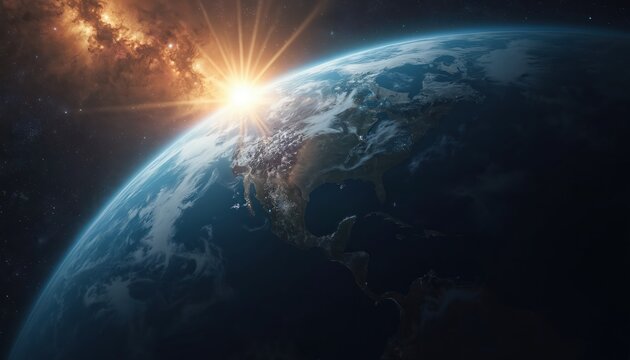 Sun rises over Earth from space illuminating North America continent with bright starburst rays. Vast dark cosmos with orange nebula and stars creates dramatic background.