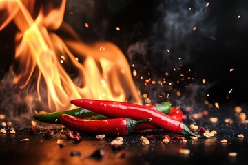 Red Chili Peppers on Fire with Fiery Sparks and Smoke